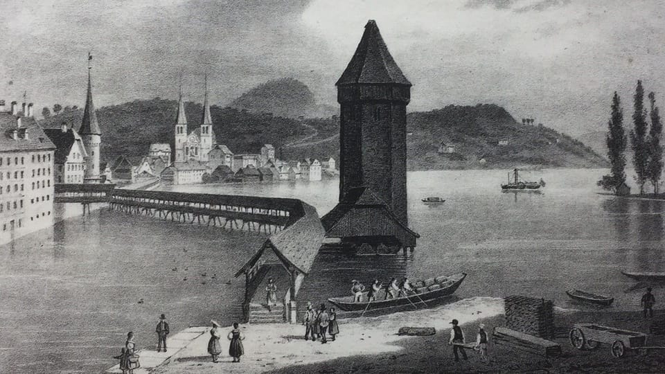 Der historische Blick auf die berühmte Holzbrücke.