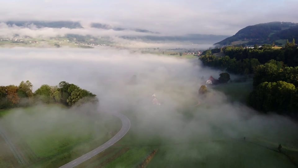 Drohnenflug über Nebelfeld