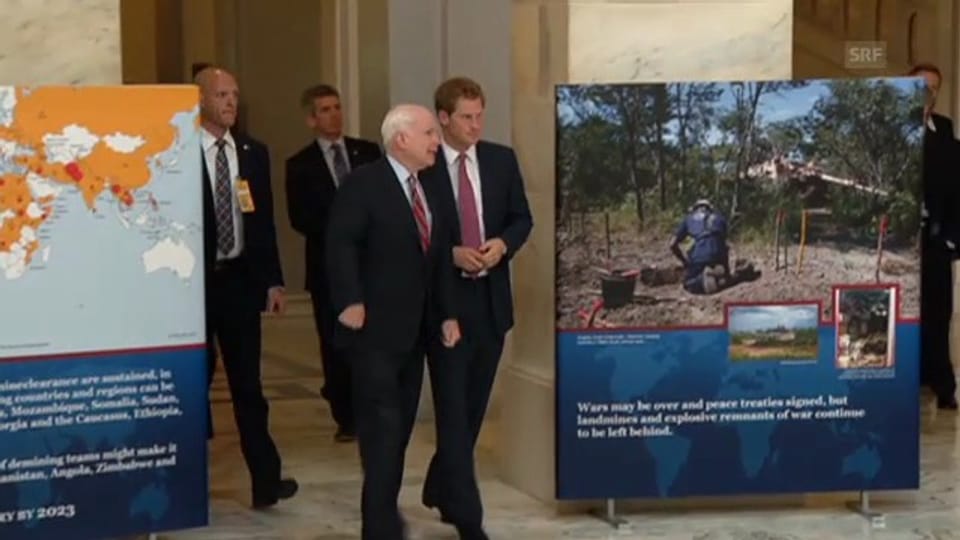 Prinz Harry besucht Anti-Minen-Fotoausstellung (unkomm. Video)