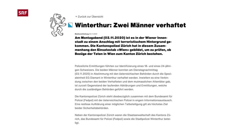 Terror in Wien: Polizei verhaftet zwei Männer in Winterthur