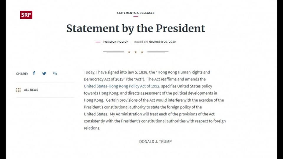 Aus dem Archiv: Trump unterstützt Demokratiebewegung in Hongkong