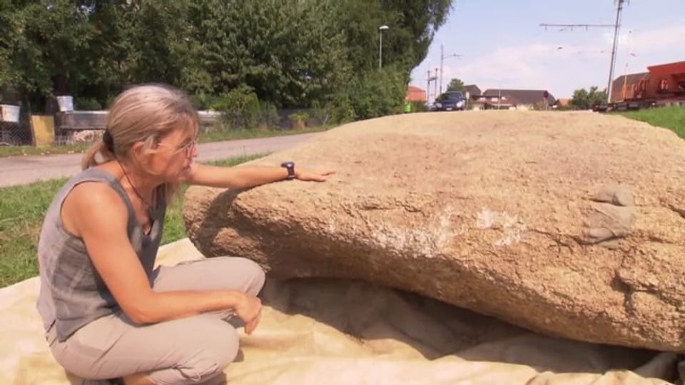 Archäologin Marianne Ramstein beschreibt die Dolmen-Deckplatte.