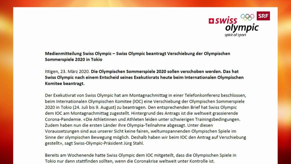 Aus dem Archiv: Swiss Olympic fordert Verschiebung von Tokio 2020
